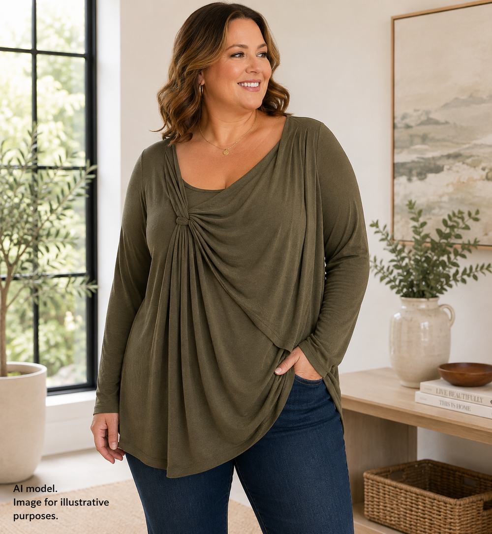 Good American Shirt 7 Women 4XL Bronze Shimmer Asymmetrical Knot Liquid Knit Tag